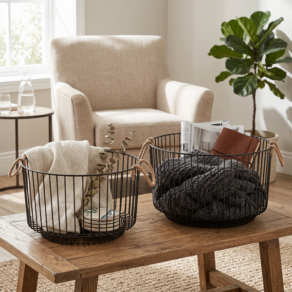 Nexo Metal Storage Basket With Rope Handles, Set Of 2 - Black