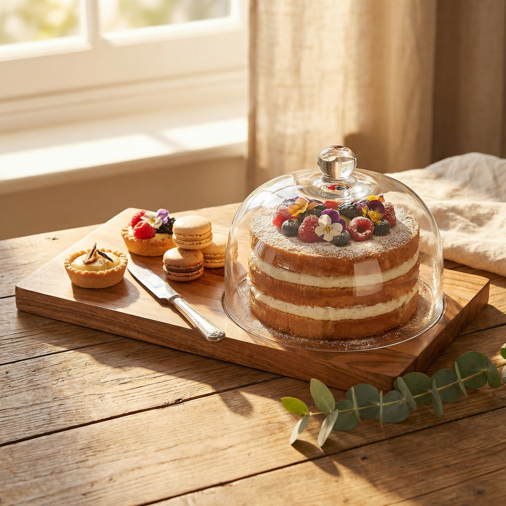 Dome Serving Platter With Glass Cover - Natural