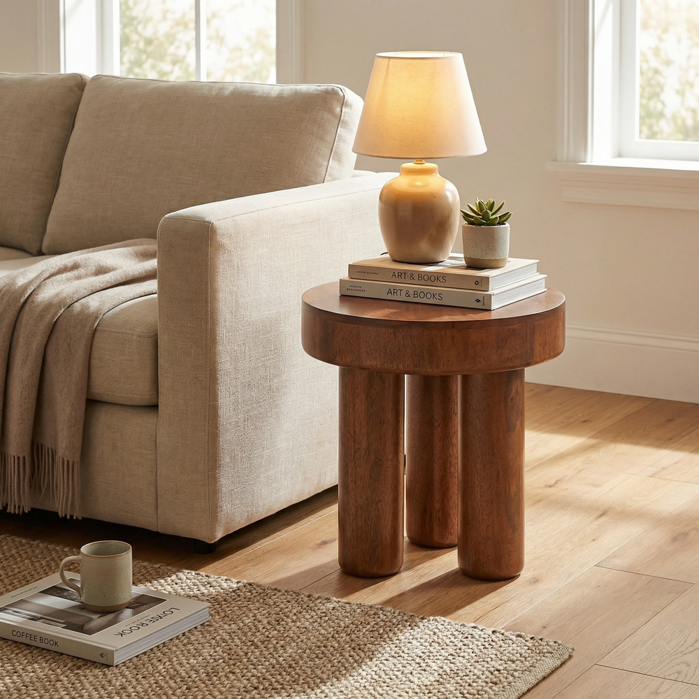 Cozy living room with a round wooden coffee table, beige sofa, and decorative items.