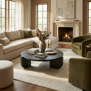 Living room with beige sectional sofa, wooden coffee table, and fireplace.