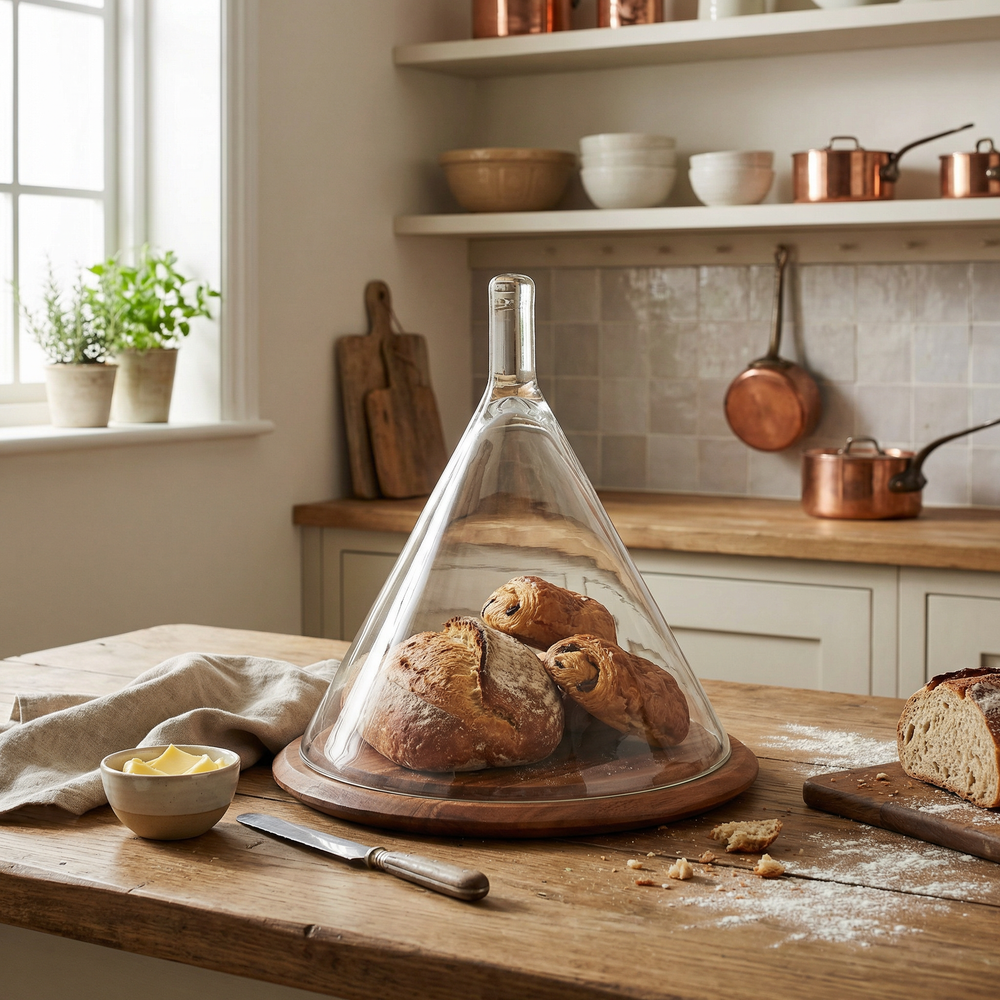 Dome Wooden Platter With Glass Cover, Large - Natural