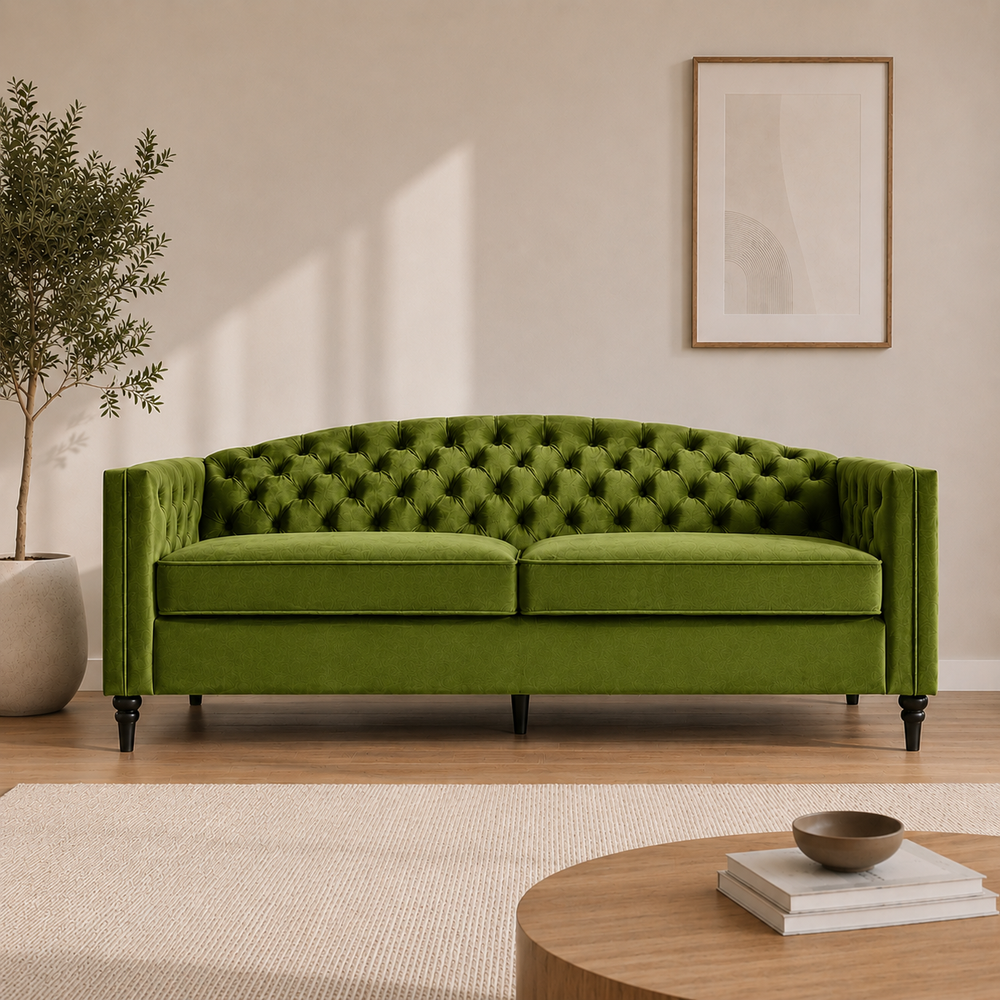 Nova 3-Seater Velvet Sofa with Square Arms L220cm x W60cm x H85cm, Green Comfortable & Stylish Sofa for Living Room