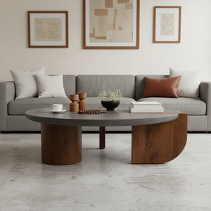 Modern living room with a gray sectional sofa and a wooden coffee table.