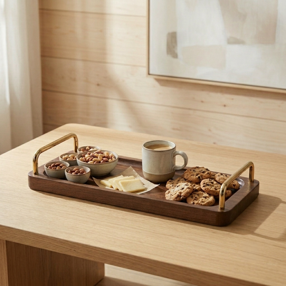Coco Wooden Tray with Brass Handles, Large - Brown