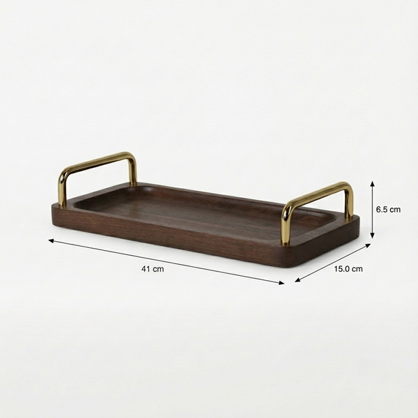 Coco Wooden Tray with Brass Handles, Large - Brown