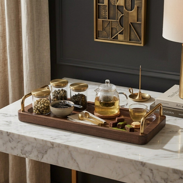 Coco Wooden Tray with Brass Handles, Large - Brown