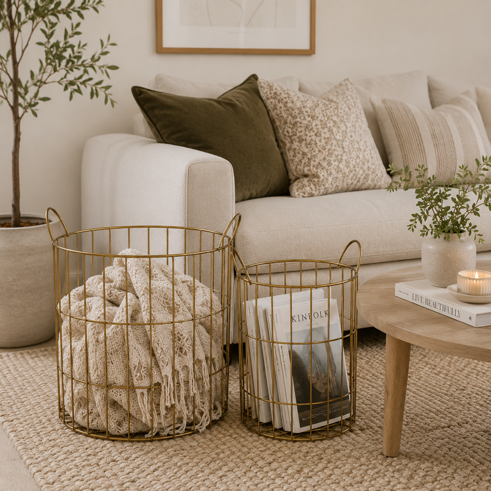 Lexa Round Metal Storage Baskets, Set of 2 - Gold