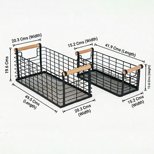 Mesh Metal Storage Basket With Wooden Handles, Set Of 2 - Black