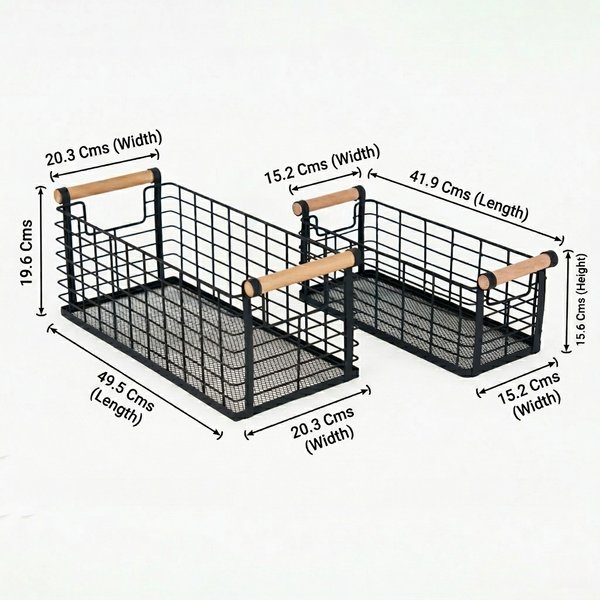 Mesh Metal Storage Basket With Wooden Handles, Set Of 2 - Black
