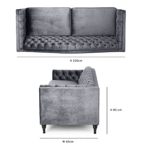 Nova 3-Seater Velvet Sofa with Square Arms â€“ L220cm x W60cm x H85cm, Grey Comfortable & Stylish Sofa for Living Room - Cotton Home