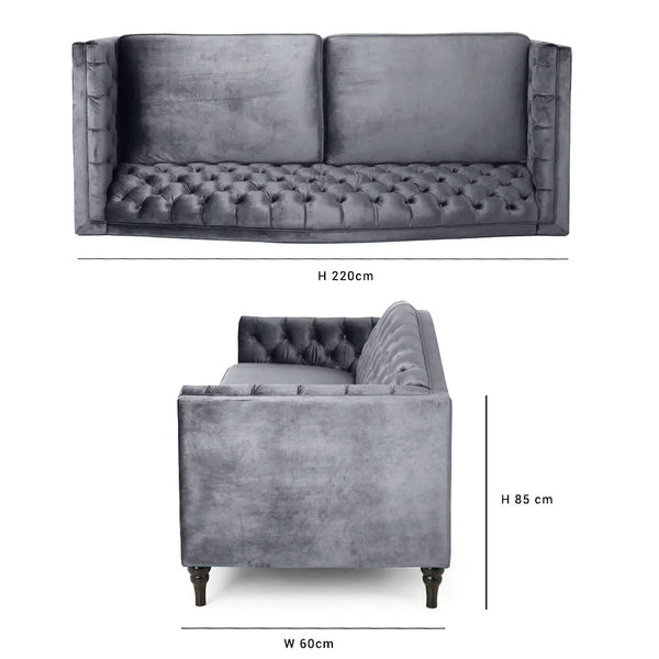Nova 3-Seater Velvet Sofa with Square Arms â€“ L220cm x W60cm x H85cm, Grey Comfortable & Stylish Sofa for Living Room - Cotton Home