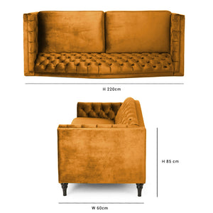Nova 3-Seater Velvet Sofa with Square Arms â€“ L220cm x W60cm x H85cm, Gold Comfortable & Stylish Sofa for Living Room - Cotton Home