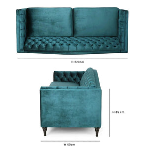Nova 3-Seater Velvet Sofa with Square Arms â€“ L220cm x W60cm x H85cm, Comfortable & Stylish Sofa for Living Room - Cotton Home