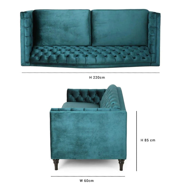 Nova 3-Seater Velvet Sofa with Square Arms â€“ L220cm x W60cm x H85cm, Comfortable & Stylish Sofa for Living Room - Cotton Home