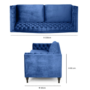 Nova 3-Seater Velvet Sofa with Square Arms â€“ L220cm x W60cm x H85cm, Blue Comfortable & Stylish Sofa for Living Room - Cotton Home