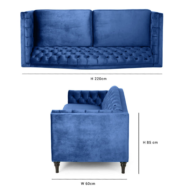 Nova 3-Seater Velvet Sofa with Square Arms â€“ L220cm x W60cm x H85cm, Blue Comfortable & Stylish Sofa for Living Room - Cotton Home