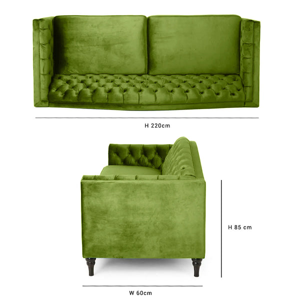 Nova 3-Seater Velvet Sofa with Square Arms â€“ L220cm x W60cm x H85cm, Green Comfortable & Stylish Sofa for Living Room - Cotton Home