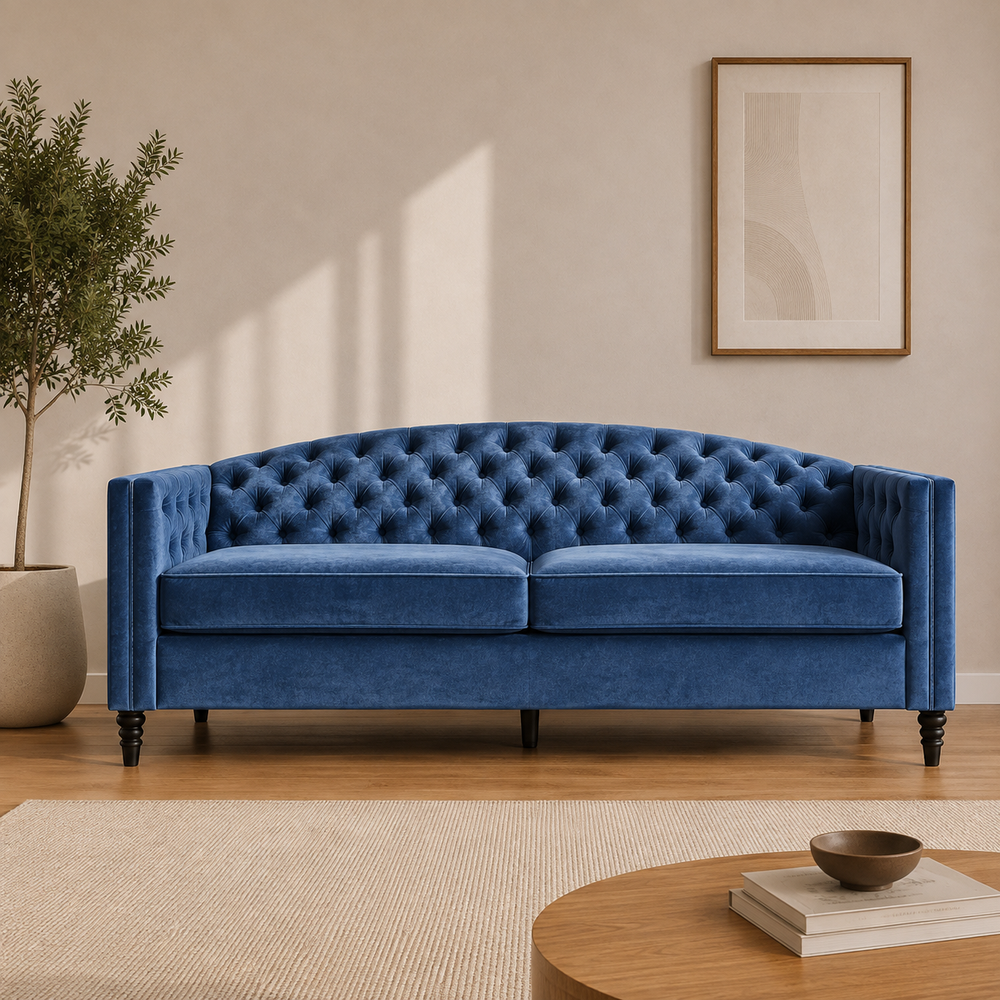 Nova 3-Seater Velvet Sofa with Square Arms L220cm x W60cm x H85cm, Blue Comfortable & Stylish Sofa for Living Room