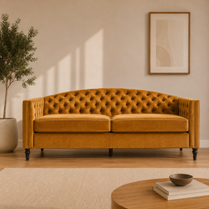 Nova 3-Seater Velvet Sofa with Square Arms L220cm x W60cm x H85cm, Gold Comfortable & Stylish Sofa for Living Room