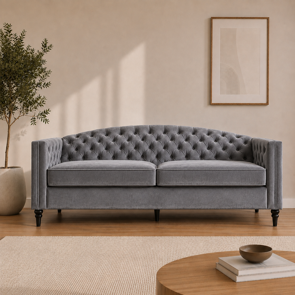 Nova 3-Seater Velvet Sofa with Square Arms L220cm x W60cm x H85cm, Grey Comfortable & Stylish Sofa for Living Room