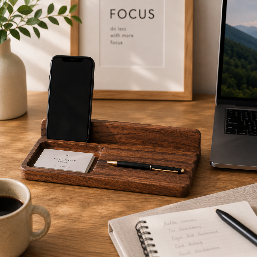 Recto Wooden Office Tray With Phone Slot, Brown