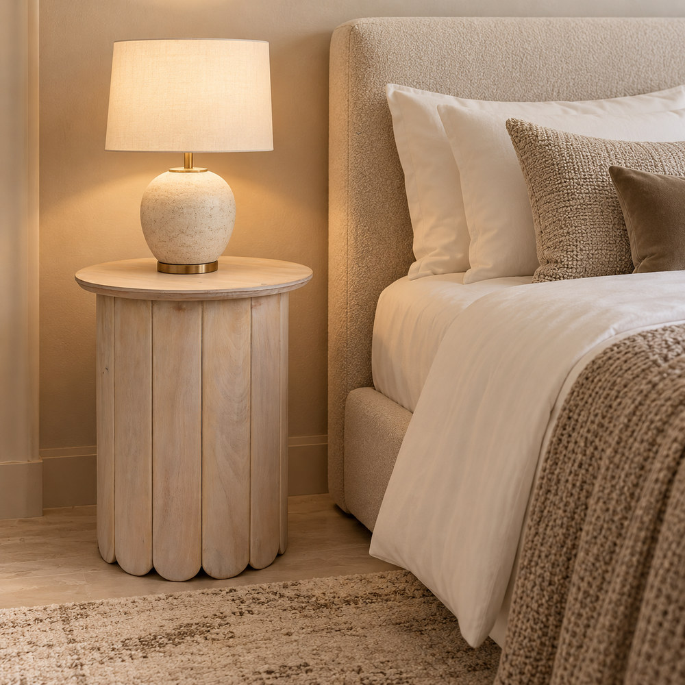Olan Wooden Scallop Bedside Table, Set of 2 - Whitewash