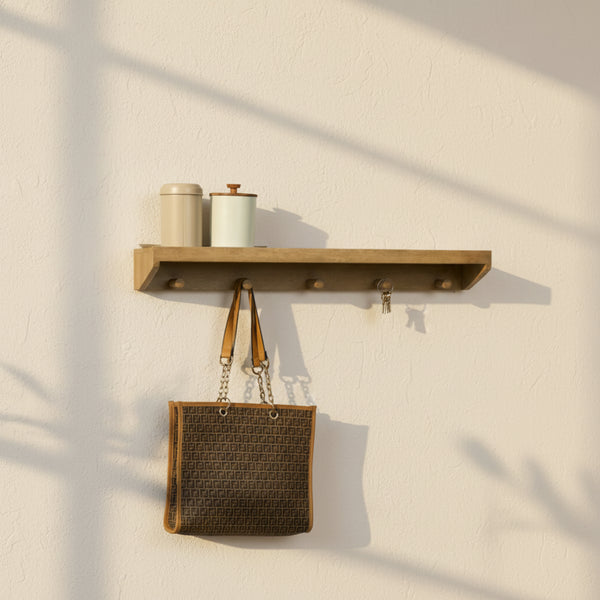 Rafa Wooden Wall Shelf With Hooks, Natural