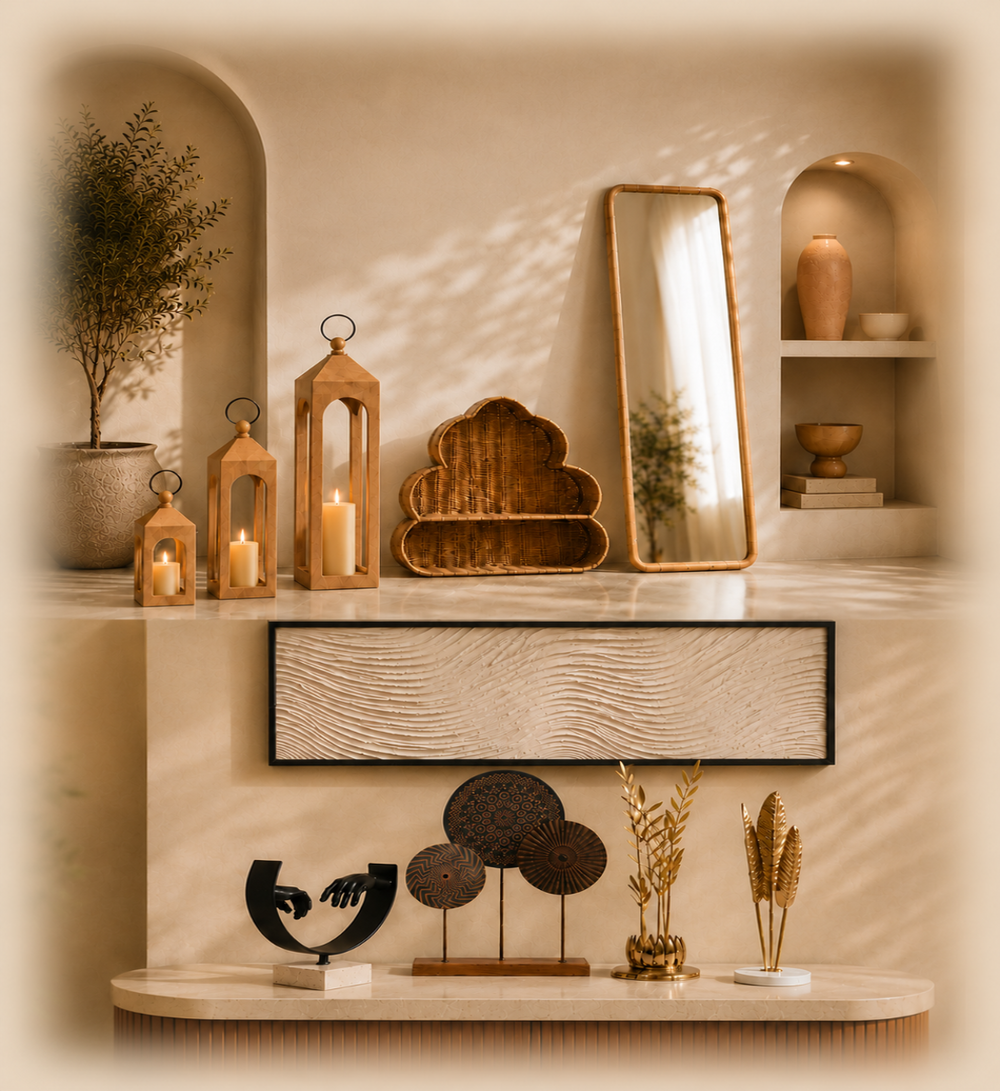 A styled interior scene with warm beige walls and shelves displaying decorative objects, including lanterns, candles, a tall mirror, a wooden shelf, framed wall art, dried plants, and small sculptural decor.