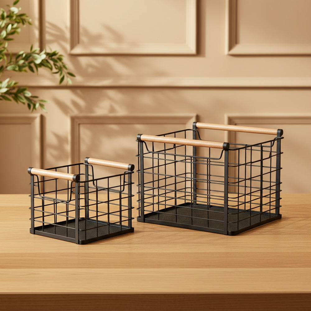 Mesh Storage Basket With Wooden Handles, Set Of 2 - Black