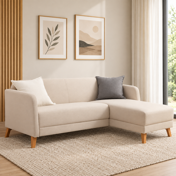 A light beige sectional sofa with a right-facing chaise lounge and two pillows (one white, one gray) sits on a woven rug in a modern living room setting.