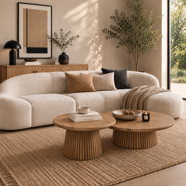 A modern living room scene featuring a curved, boucle-textured cream sofa with neutral throw pillows, two round fluted wood coffee tables, a woven rug, and a warm neutral-toned interior.