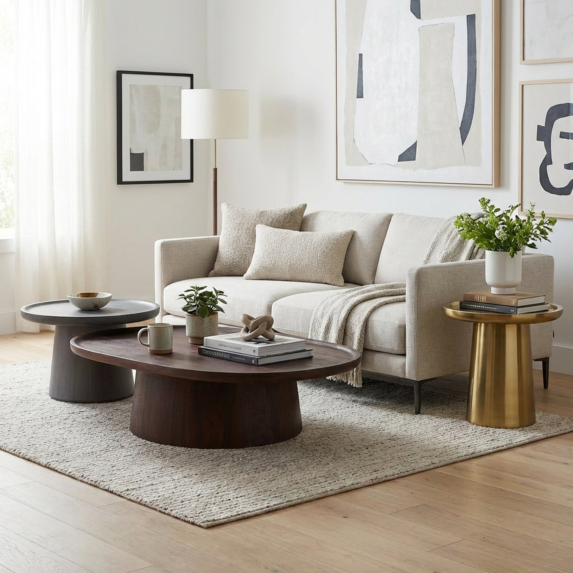 Modern living room with a beige sofa, coffee table, and decorative items.