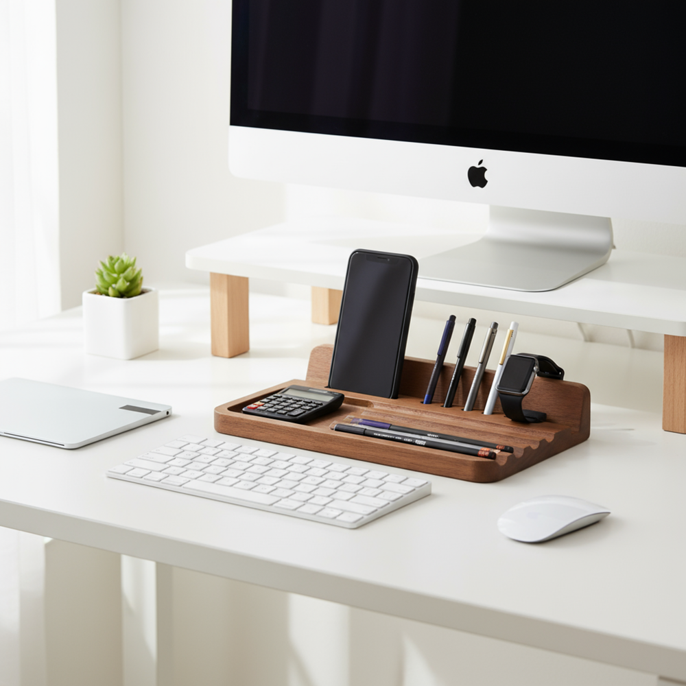 Recto Wooden Office Tray With Phone Slot, Brown