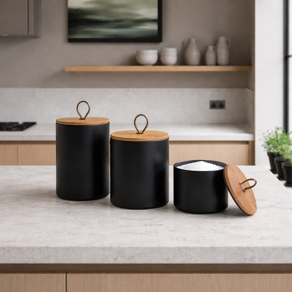 Penta Metal Storage Jars, Set Of 3 - Black