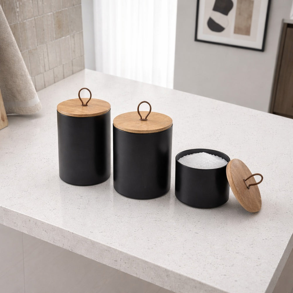 Penta Metal Storage Jars, Set Of 3 - Black
