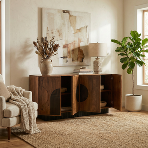 Wooden sideboard in a living room with decor elements
