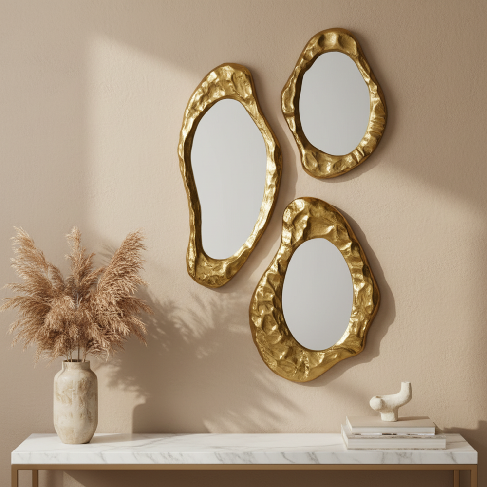 Flova Wall Mirrors With Metal Frame, Set of 3 - Gold