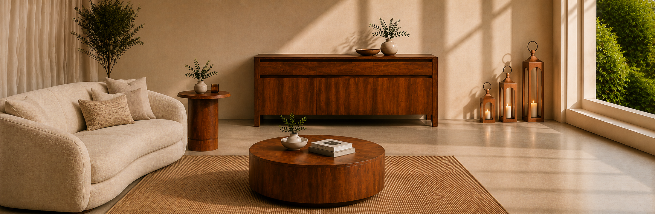 A styled living room interior featuring a cream-colored curved sofa, a round dark wood coffee table, a matching wooden sideboard, and a large woven area rug, with warm sunlight streaming in from a window.