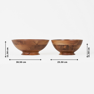 Two wooden bowls with measurements on a white background