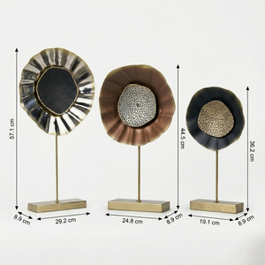 Three decorative items on stands with measurements indicated