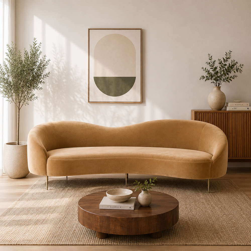 Luxe Lounge Luxurious Camel Velvet 3 Seater Sofa - 241cm Chic & Comfortable Lounge Seating