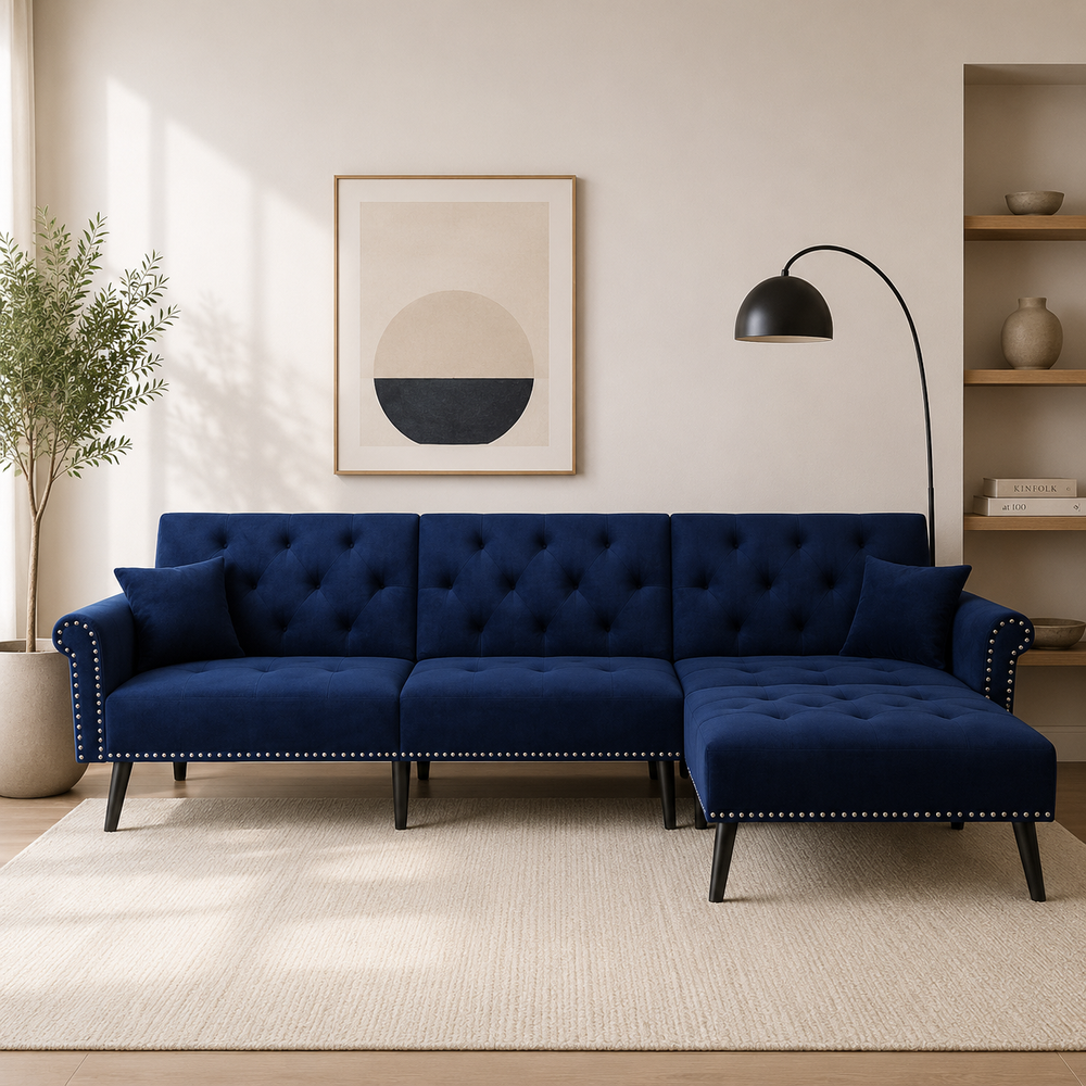Kerry 4 Seater Wide Sofa & Chaise Velvet Fabric - Navy Blue