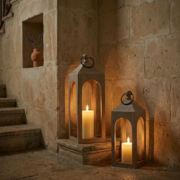 Two lit candle lanterns in a stone-walled room with a staircase.