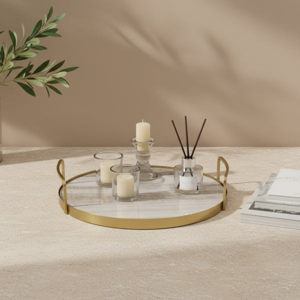 Fia Marble Tray With Metal Handles - Gold