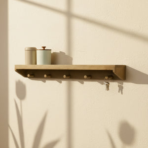 Rafa Wooden Wall Shelf With Hooks, Natural