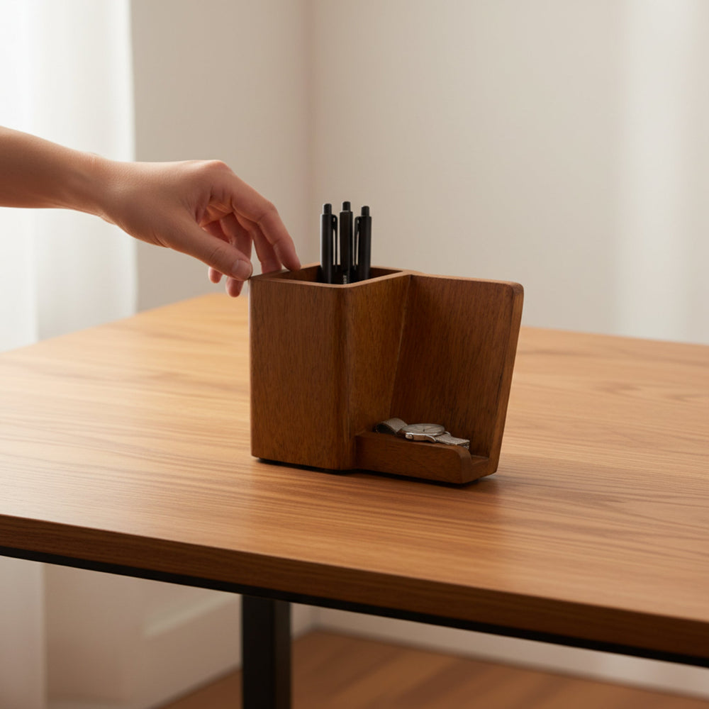 Inga Wooden Pen Holder With Mobile Stand - Brown