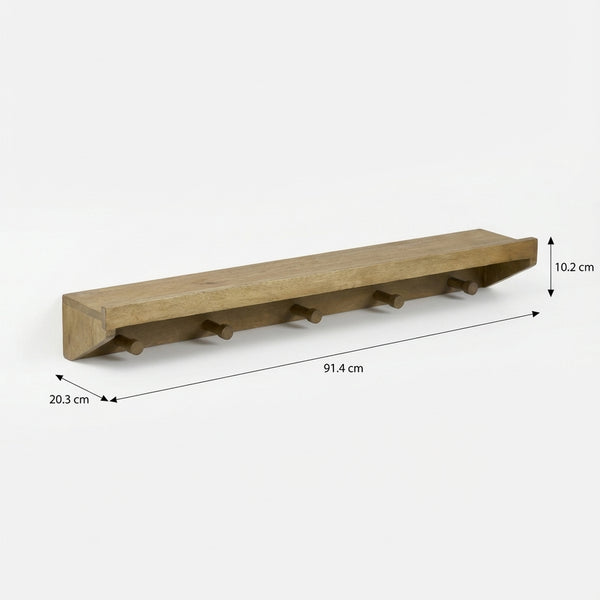 Rafa Wooden Wall Shelf With Hooks, Natural