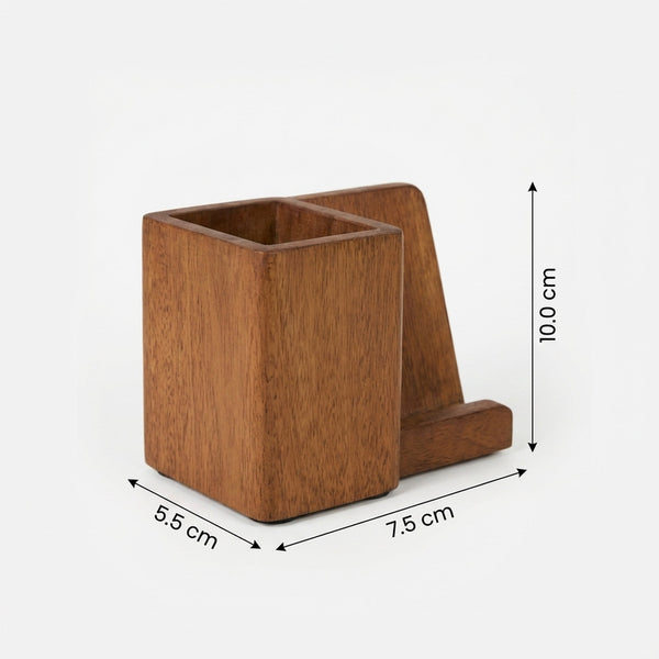 Inga Wooden Pen Holder With Mobile Stand - Brown