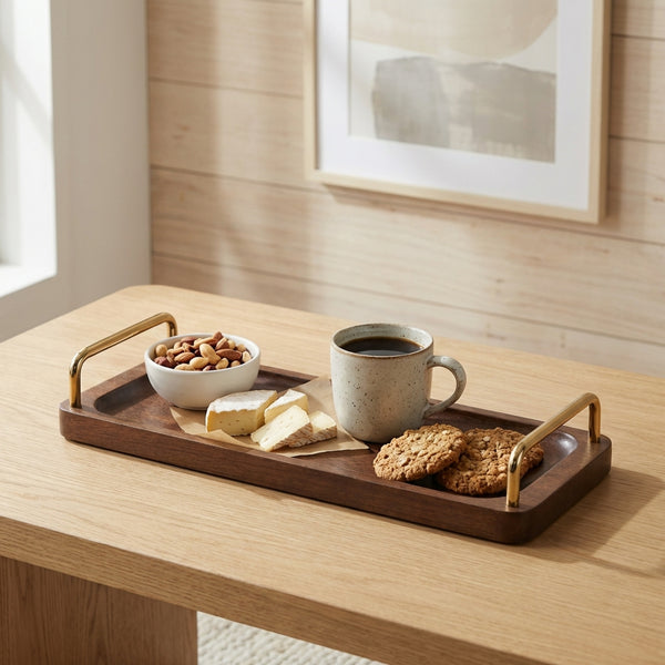 Coco Wooden Tray with Brass Handles, Small - Brown