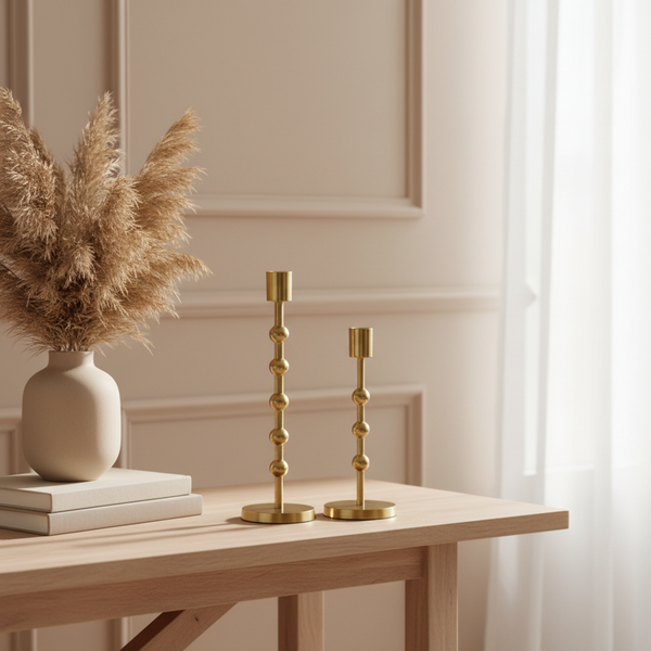 Decorative setup with gold candle holders, a vase with dried pampas grass, and books on a wooden surface.